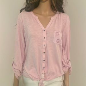 Lilac button down split-neck roll-tab sleeve top
